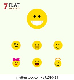 Flat Icon Face Set Of Hush, Grin, Winking And Other Vector Objects. Also Includes Silent, Smile, Happy Elements.