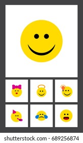 Flat Icon Face Set Of Joy, Angel, Have An Good Opinion And Other Vector Objects. Also Includes Face, Emoji, Confused Elements.