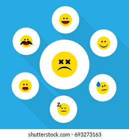 Flat Icon Face Set Of Joy, Asleep, Cheerful And Other Vector Objects. Also Includes Confused, Dizzy, Wonder Elements.