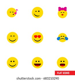Flat Icon Face Set Of Laugh, Love, Joy And Other Vector Objects. Also Includes Emoji, Confused, Sing Elements.