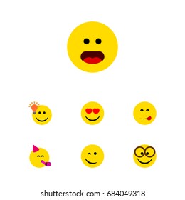 Flat Icon Face Set Of Love, Winking, Pleasant And Other Vector Objects. Also Includes Party, Happy, Smile Elements.