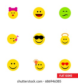 Flat Icon Face Set Of Love, Laugh, Caress And Other Vector Objects. Also Includes Kiss, Heart, Sunglasses Elements.