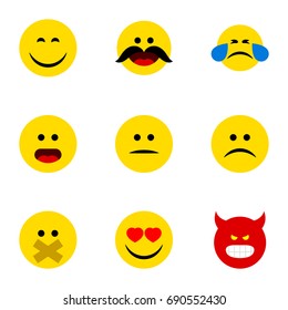 Flat Icon Face Set Of Love, Wonder, Sad And Other Vector Objects. Also Includes Sad, Whiskers, Hush Elements.
