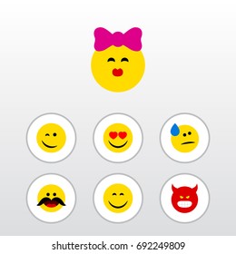 Flat Icon Face Set Of Love, Tears, Winking And Other Vector Objects. Also Includes Happy, Emoji, Heart Elements.