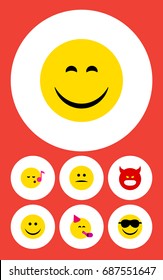 Flat Icon Face Set Of Party Time Emoticon, Pouting, Happy And Other Vector Objects. Also Includes Angry, Happy, Sing Elements.