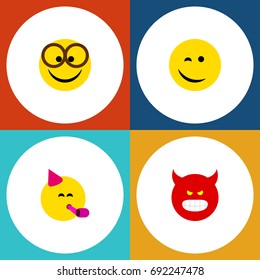 Flat Icon Face Set Of Party Time Emoticon, Winking, Pouting And Other Vector Objects. Also Includes Fun, Smile, Happy Elements.