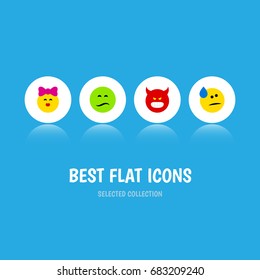 Flat Icon Face Set Of Pouting, Tears, Frown And Other Vector Objects. Also Includes Emoji, Sad, Angry Elements.