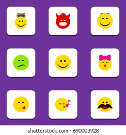 Flat Icon Face Set Of Pouting, Smile, Cheerful And Other Vector Objects. Also Includes Cheerful, Frown, Smile Elements.