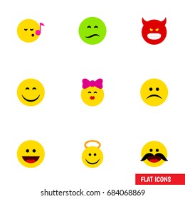 Flat Icon Face Set Of Smile, Descant, Laugh And Other Vector Objects. Also Includes Frown, Sing, Kiss Elements.
