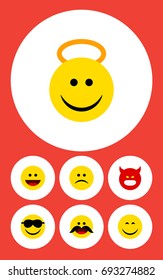 Flat Icon Face Set Of Smile, Happy, Sad And Other Vector Objects. Also Includes Pouting, Grin, Laugh Elements.