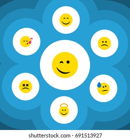 Flat Icon Face Set Of Tears, Cross-Eyed Face, Sad And Other Vector Objects. Also Includes Cheerful, Tears, Winking Elements.