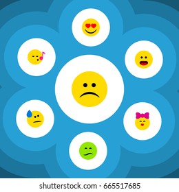 Flat Icon Face Set Of Wonder, Love, Caress And Other Vector Objects. Also Includes Eyes, Sing, Smile Elements.
