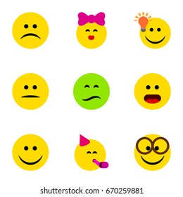 Flat Icon Face Set Of Wonder, Party Time Emoticon, Pleasant And Other Vector Objects. Also Includes Confused, Joy, Pleasant Elements.