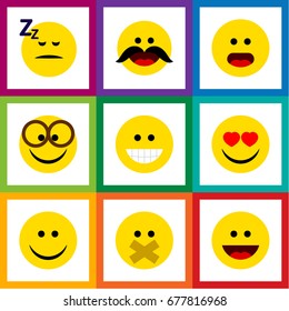 Flat Icon Face Set Of Wonder, Asleep, Grin And Other Vector Objects. Also Includes Asleep, Sleeping, Eyeglasses Elements.