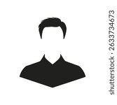 Flat icon of a faceless male avatar with styled hair, representing digital profile, identity, and anonymous user