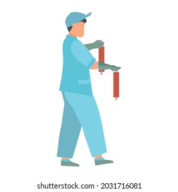 Flat icon with factory worker in uniform carrying two sausages vector illustration