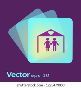Família de ícones planos. O marido e a esposa debaixo do telhado de sua casa.