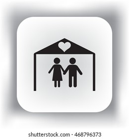 Flat icon family. The husband and wife under the roof of his house.