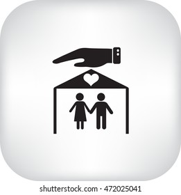 Flat icon family. The husband and wife under the roof of his house.