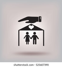 Flat icon family. The husband and wife under the roof of his house.