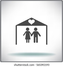 Flat icon family. The husband and wife under the roof of his house.