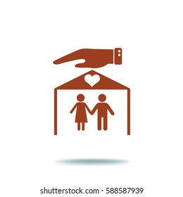 Flat icon family. The husband and wife under the roof of his house.