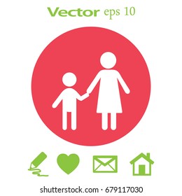 Flat icon family. Mother holds her son's hand.