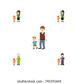 Flat Icon Family Set Of Daugther, Mother, Boys And Other Vector Objects. Also Includes Son, Brother, Grandchild Elements.