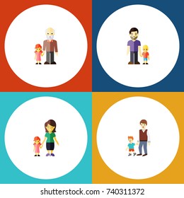 Flat Icon Family Set Of Son, Mother, Grandpa Vector Objects. Also Includes Mother, Son, Family Elements.