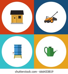 Flat Icon Farm Set Of Bailer, Stabling, Container And Other Vector Objects. Also Includes Water, Barn, Tank Elements.