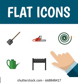 Flat Icon Farm Set Of Bailer, Shovel, Hosepipe And Other Vector Objects. Also Includes Saw, Watering, Barbecue Elements.