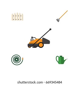 Flat Icon Farm Set Of Bailer, Tool, Lawn Mower And Other Vector Objects. Also Includes Wooden, Hoe, Watering Elements.
