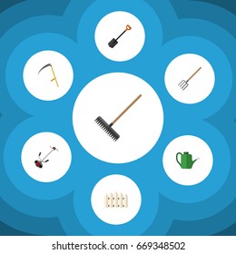 Flat Icon Farm Set Of Bailer, Spade, Cutter And Other Vector Objects. Also Includes Cutter, Fence, Wooden Elements.