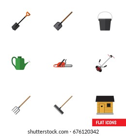 Flat Icon Farm Set Of Bailer, Harrow, Grass-Cutter And Other Vector Objects. Also Includes Blade, Barn, Container Elements.