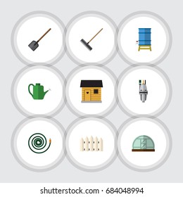 Flat Icon Farm Set Of Bailer, Stabling, Hothouse And Other Vector Objects. Also Includes Pump, Fence, Barrier Elements.