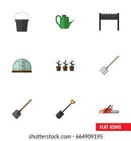 Flat Icon Farm Set Of Barbecue, Pail, Hacksaw And Other Vector Objects. Also Includes Fork, Tool, Farm Elements.