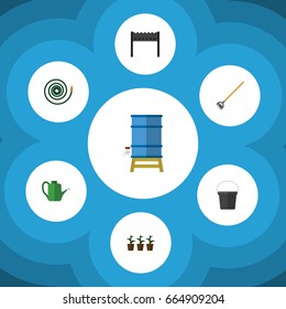 Flat Icon Farm Set Of Barbecue, Tool, Flowerpot And Other Vector Objects. Also Includes Plant, Flowerpot, Hoe Elements.