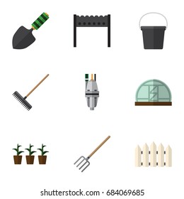 Flat Icon Farm Set Of Barbecue, Hay Fork, Flowerpot And Other Vector Objects. Also Includes Flowerpot, Trowel, Fork Elements.
