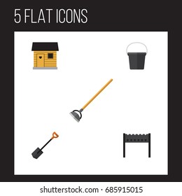 Flat Icon Farm Set Of Barbecue, Spade, Tool And Other Vector Objects. Also Includes Tool, Farmhouse, Bbq Elements.