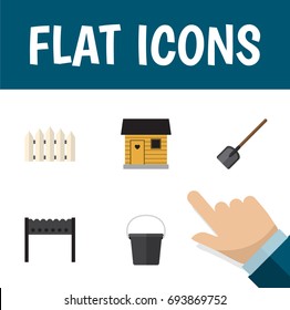 Flat Icon Farm Set Of Barbecue, Stabling, Shovel And Other Vector Objects. Also Includes Pail, Barrier, Barn Elements.