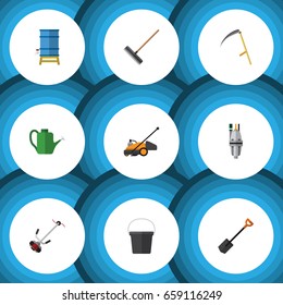 Flat Icon Farm Set Of Container, Lawn Mower, Harrow And Other Vector Objects. Also Includes Water, Scythe, Pump Elements.