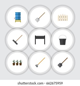 Flat Icon Farm Set Of Container, Wooden Barrier, Flowerpot And Other Vector Objects. Also Includes Bucket, Fork, Barbecue Elements.