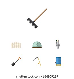 Flat Icon Farm Set Of Container, Harrow, Cutter And Other Vector Objects. Also Includes Hothouse, Barrier, Shovel Elements.