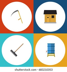 Flat Icon Farm Set Of Container, Harrow, Cutter And Other Vector Objects. Also Includes Tank, Tool, Scythe Elements.