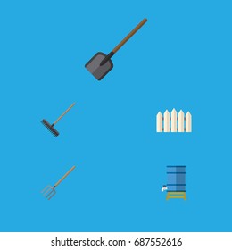 Flat Icon Farm Set Of Container, Shovel, Hay Fork And Other Vector Objects. Also Includes Tank, Fence, Rake Elements.