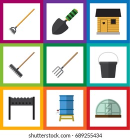 Flat Icon Farm Set Of Container, Barbecue, Hothouse And Other Vector Objects. Also Includes Pail, Hoe, Farmhouse Elements.