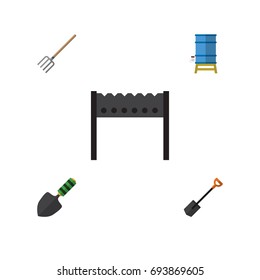Flat Icon Farm Set Of Container, Hay Fork, Trowel And Other Vector Objects. Also Includes Container, Barbecue, Brazier Elements.