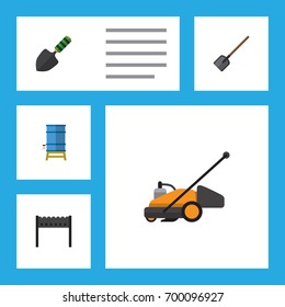 Flat Icon Farm Set Of Container, Trowel, Barbecue And Other Vector Objects. Also Includes Spade, Container, Water Elements.