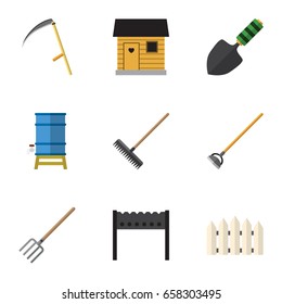 Flat Icon Farm Set Of Cutter, Barbecue, Stabling And Other Vector Objects. Also Includes Barn, Gardening, Fence Elements.
