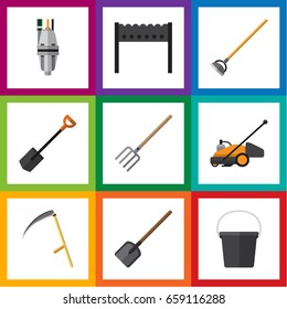 Flat Icon Farm Set Of Cutter, Hay Fork, Lawn Mower And Other Vector Objects. Also Includes Cutter, Equipment, Container Elements.